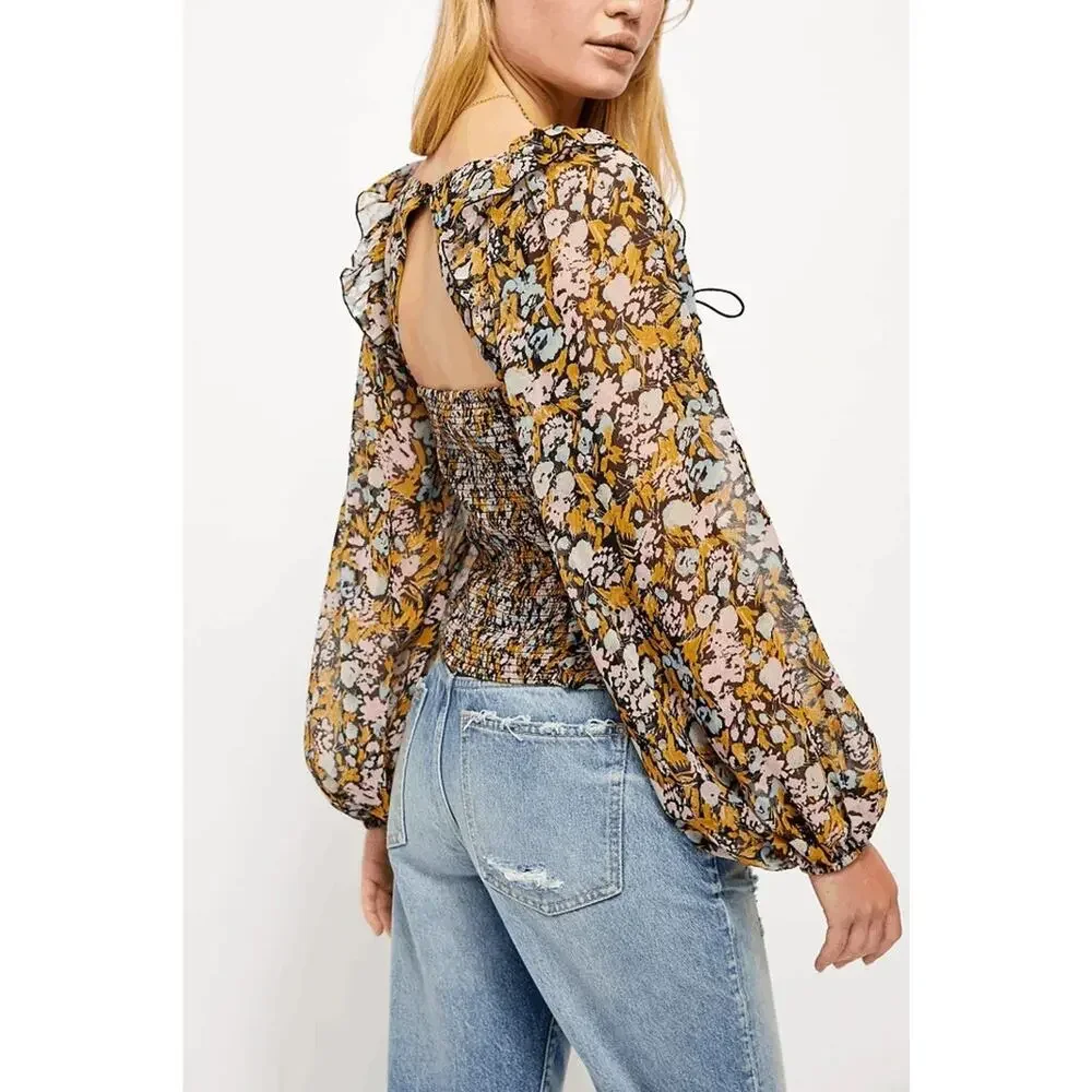 Free People Mabel Lace-Up Top XS Blouse Smocked Floral Bohemian Long Puff Sleeve